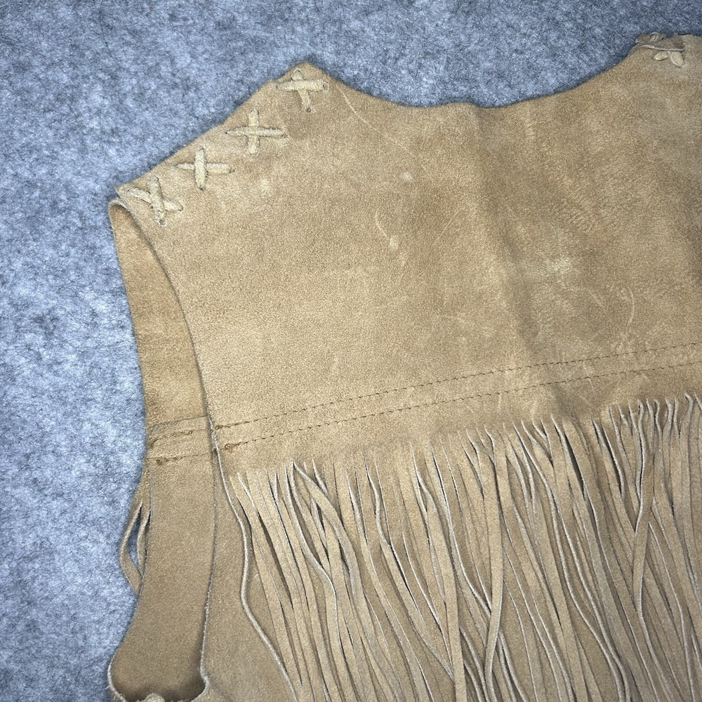 Vtg 70s Women's S Cropped Beige Suede Leather Fringe Vest Handmade - Picture 11 of 13